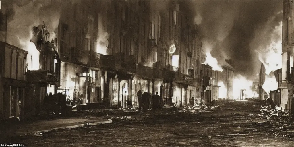 Image similar to a colour photo taken at night of saint - malo street on fire after a bombing in 1 9 4 5