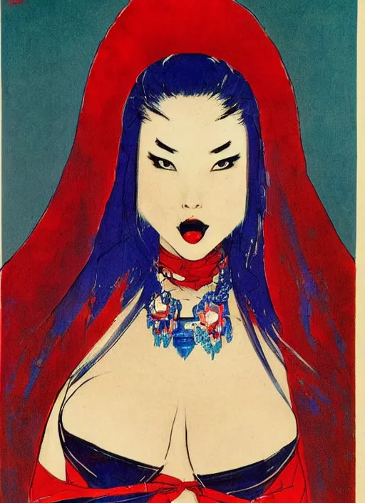 Image similar to portrait of heavyset mighty korean vampiress, jeweled veil, blue and red, strong line, saturated color, beautiful! coherent! by frank frazetta, high contrast, minimalism