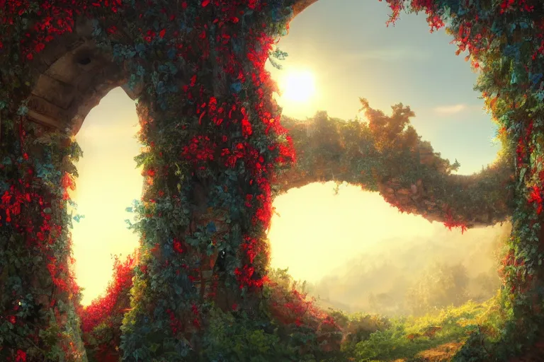 Prompt: broken arches leading to the pillars of eternity draped with red flowers and vines, blue sky, lens flare, a sense of mystery, cinematic, ultra detailed, intricate, sharp focus, trending on artstation, illustration by Tony Diterlizzi, 8K