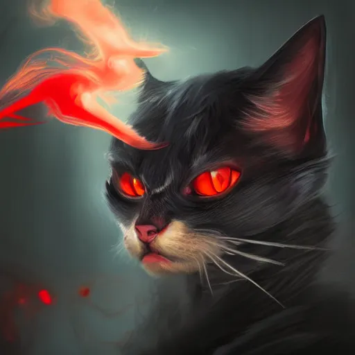 Image similar to fantasy portrait devil cat with red eyes looking towards camera and smoke in background, high detail, digital art, beautiful , concept art,fantasy art, 4k