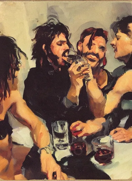 Prompt: polaroid of a glam rocker drinking brutal and raw wine with his friends by joaquin sorolla, phil hale, greek style, ultra detailed