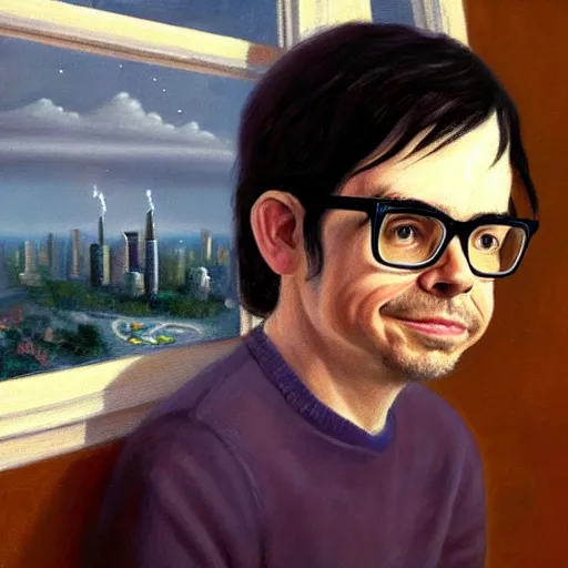 Image similar to An Oil Painting of Rivers Cuomo in a sweater with long hair and a mustache playing his piano in an apartment as he looks out the window next to him to see a nuke drops onto the city outside his window next to him, hyperrealistic, extremely realistic, highly realistic, HD Quality, 4k resolution, 8k resolution, Detailed, Very Detailed, Highly Detailed, Extremely Detailed, Intricate Details, Real, Very Real, Oil Painting, Digital Painting, Painting, Trending on Deviantart, Trending on Artstation