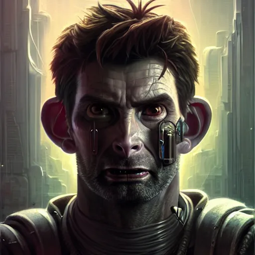 Image similar to portrait painting of a cyberpunk orc mercenary muscular david tennant, ultra realistic, concept art, intricate details, eerie, highly detailed, photorealistic, octane render, 8 k, unreal engine. art by artgerm and greg rutkowski and charlie bowater and magali villeneuve and alphonse mucha