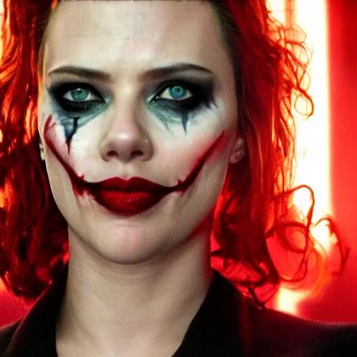 Image similar to stunning awe inspiring scarlett johansen as the joker, movie still 8 k hdr atmospheric lighting