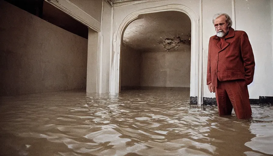 Image similar to 7 0 s movie still of an old manstanding in a soviet stalinist style palace flooded in mud, cinestill 8 0 0 t 3 5 mm eastmancolor, heavy grain, high quality, high detail