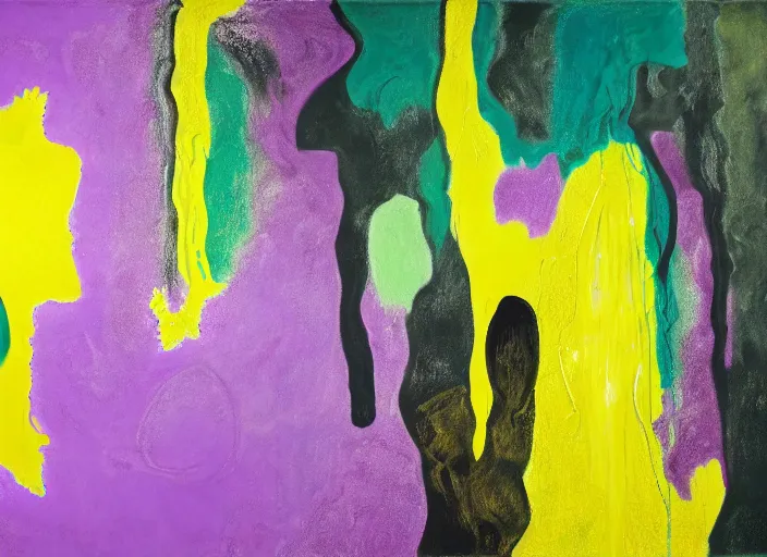 Image similar to minimalistic abstract painting in shape of waterfall, in purple, yellow, dark green, beige, by hernan bas and pat steir and hilma af klint, psychological, photorealistic, dripping paint, washy brush, oil on canvas, rendered in octane, altermodern, masterpiece