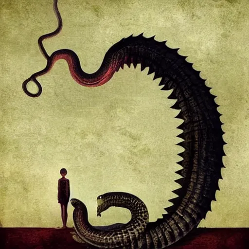 Prompt: by tony conrad, by christian schloe threatening, dismal. a digital art of a large, looming creature with a long, snake body. many large, sharp teeth, & eyes glow. wrapped around a large tree, bent under the weight. small figure in foreground, a sword, dwarfed by the size of the creature.