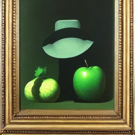 Image similar to Victorian gentlemen wearing a bowler hat behind the green apple, by beksinski and magritte