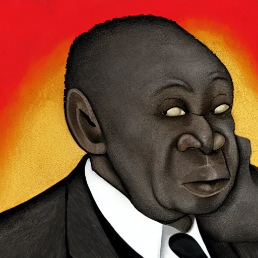 Image similar to a fatherly, aquiline nose, wide forehead, round face, XXL , loving, caring, generous, ever-present, humble, wise elder from Kenya with a friendly expression in a grey suit and red tie painted by Kara Walker. Fatherly/daddy, focused, loving, leader, relaxed,. ethereal lights, details, smooth, sharp focus, illustration, realistic, cinematic, artstation, award winning, rgb , unreal engine, octane render, cinematic light, macro, depth of field, blur, red light and clouds from the back, highly detailed epic cinematic concept art CG render made in Maya, Blender and Photoshop, octane render, excellent composition, dynamic dramatic cinematic lighting, aesthetic, very inspirational, arthouse.