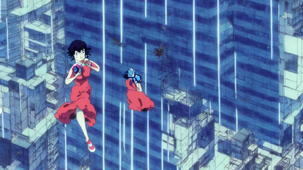 Image similar to a woman in a blue dress wearing a blue mantra ray mask falling from a building in Tokyo , anime film still from the an anime directed by Katsuhiro Otomo with art direction by Salvador Dalí, wide lens