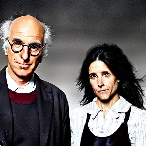 Prompt: Larry David and Julia Louis-Dreyfus in the style of American Gothic