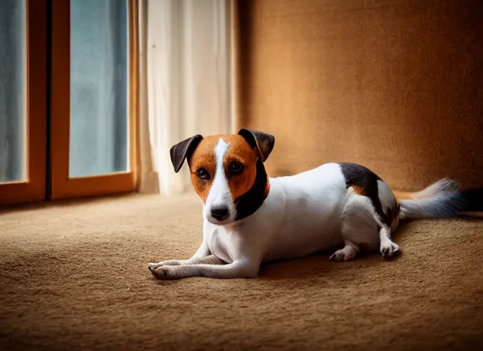 Image similar to photography of a Jack Russel . watching outside the window. on a bed. in a vintage room full of vinyls and posters.,volumetric light, photorealistic,, award winning photo, 100mm, sharp, high res