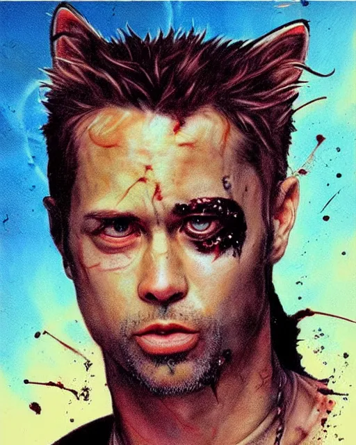 Prompt: cat in fight club, cat tyler durden, airbrush, drew struzan illustration art, key art, movie poster