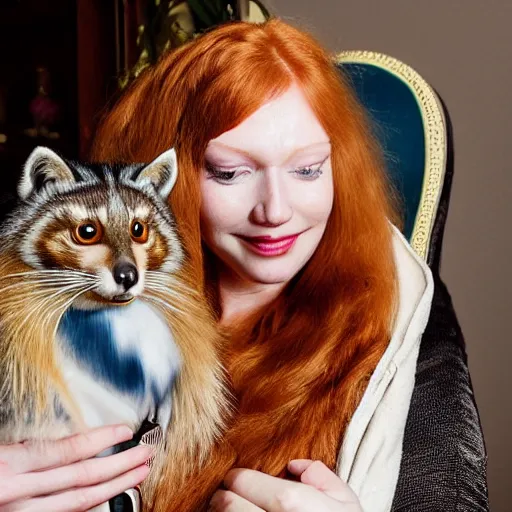 Image similar to a stunning hyper-detailed closeup portrait photo of a slender beautiful smiling woman with long ginger hair and bangs, wearing a luxurious silk robe, wearing headphones and posing with her large ginger tabby cat and her raccoon and parrots in an overstuffed easy chair in her sunlit victorian living room, holding a porcelain parrot-shaped coffee mug and a donut, perfect eyes, fashion photography, octane render, unreal engine, 85 mm lens,