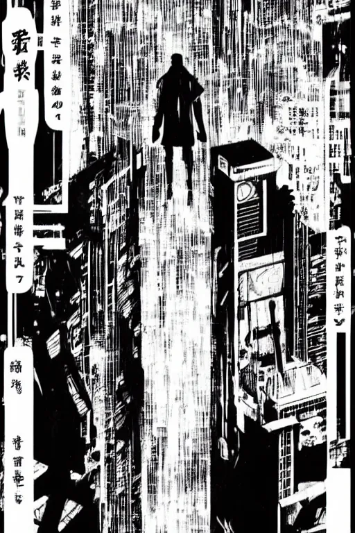 Image similar to bladerunner manga cover, cover art for manga, full color, seinen manga by kentaro miura. text kanji hiragana on the cover simplistic minimalist stylized cover art, coherent professional