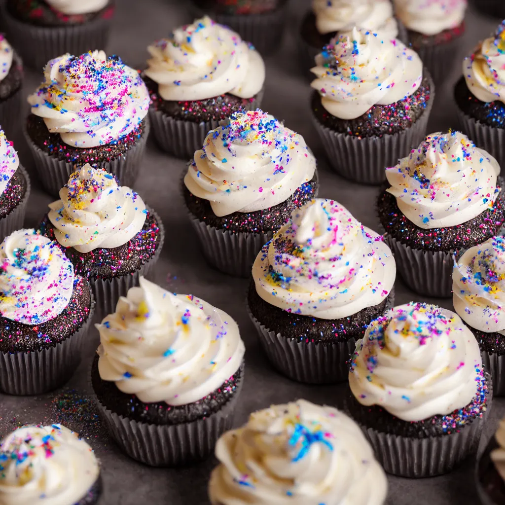 Prompt: macro photo of galaxy cupcakes with creme topping, photorealistic, dynamic lighting, bokeh, Canon 85mm vintage lens