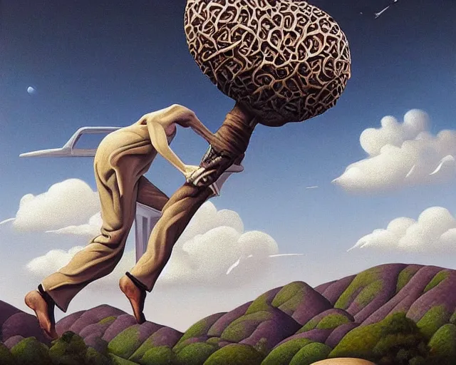 Prompt: the trevails of man, an ultrafine detailed painting by rafal olbinski, behance contest winner, pop surrealism, detailed painting, very detailed, minimalist, skeuomorphic, airbrush art