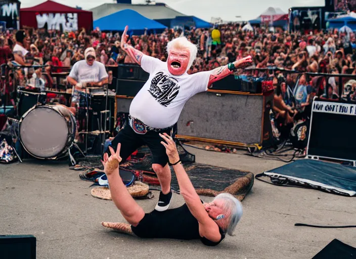 Image similar to photo still of rip taylor at vans warped tour!!!!!!!! at age 6 3 years old 6 3 years of age!!!!!!! stage diving at a crowd, 8 k, 8 5 mm f 1. 8, studio lighting, rim light, right side key light