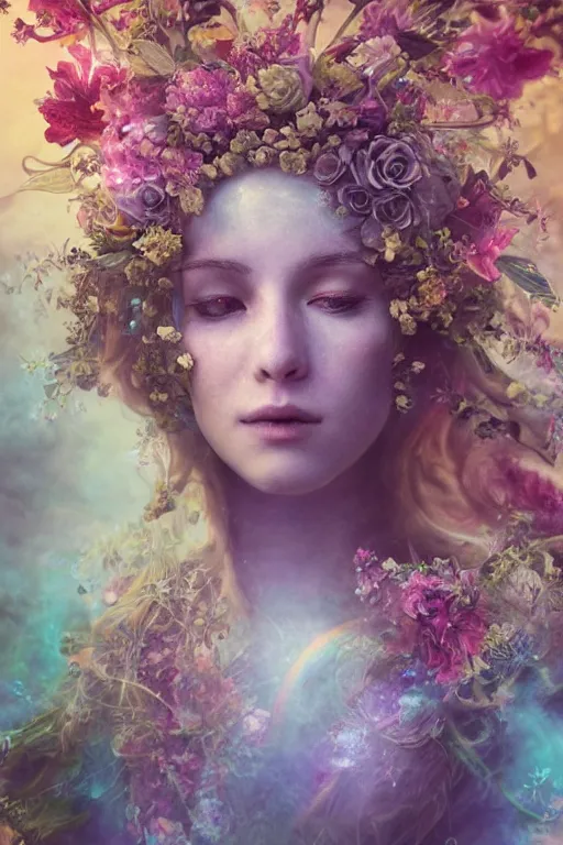 Image similar to elaborately detailed close up portrait of an extremely beautiful girl surrounded by flowers, an eerie mist and ethereal rainbow bubbles, Aetherpunk, high fantasy matte painting, fantasy matte painting movie poster, Art Nouveau, smooth, sharp focus, atmospheric lighting, highly detailed illustration highlights, backlight, golden ratio, 8K detail post-processing, symmetrical facial features, rich deep moody colors, majestic, dark epic fantasy, award winning picture, sense of awe, featured on DeviantArt, trending on cgsociety