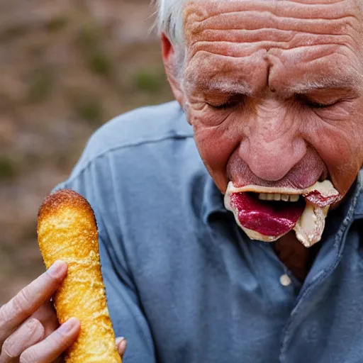 Image similar to old man struggling to eat a long corndog