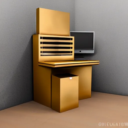 Image similar to isometric diorama box of a computer server bank room, gold, art deco, rust, worn, room full of computers