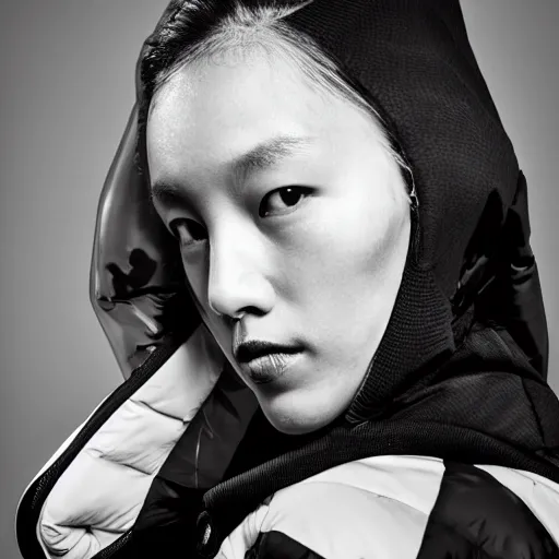 Image similar to black and white extremely beautiful photograph of a woman wearing an oversized orange puffer jacket in the style of dingyun zhang, yeezy, kanye west, balenciaga, vetements