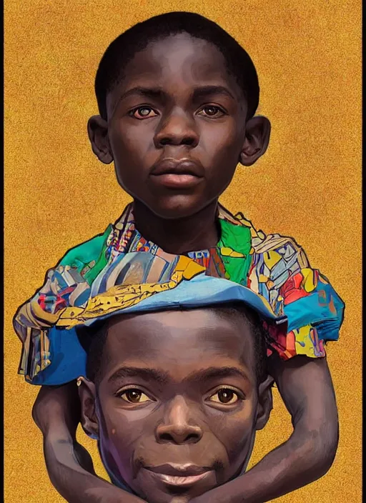 Image similar to colourful upper half portrait of an african boy with proportions in the style of jack davis - presented in magazine collage style, art by hsiao - ron cheng & alphonse mucha, magazine collage, highly detailed, caricature, digital painting, concept art, ray tracing, illustration, smooth, sharp focus, intricate, symmetry, pinterest, behance, artstation