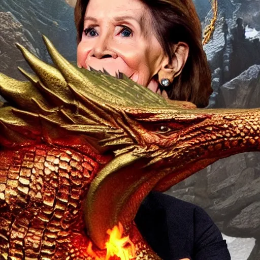 Image similar to Smaug the dragon from the Hobbit movies with Nancy Pelosi's head guarding her pile of treasure