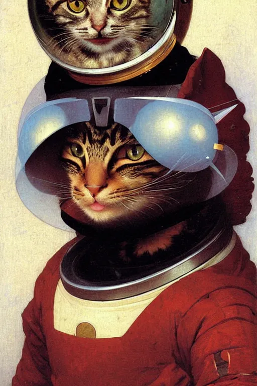 Image similar to portrait of a cat astronaut with japanese armor and helmet, by bouguereau