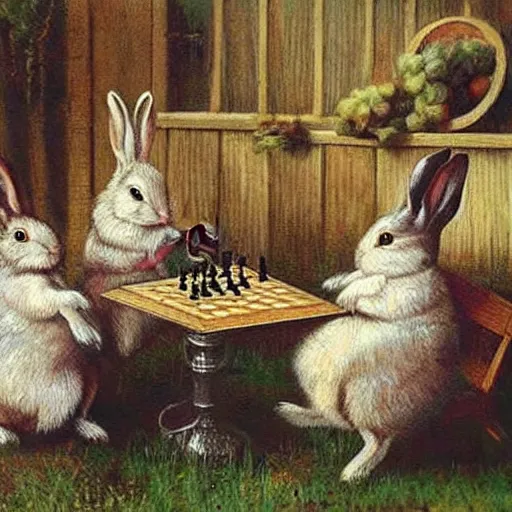 Image similar to rabbits drinking wine and playing chess. Painting of rabbits in sweaters by James Gurney.