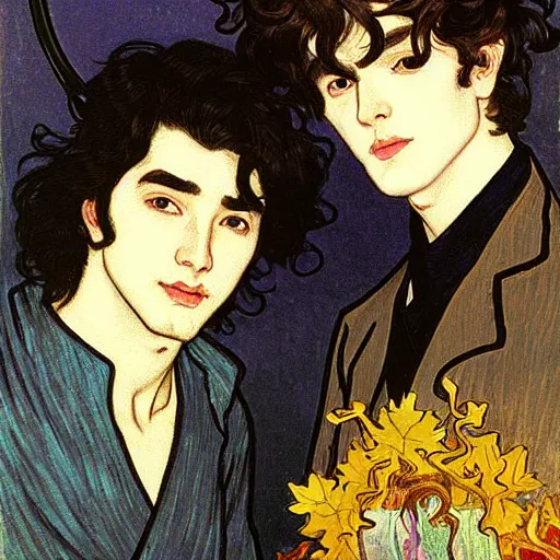 Image similar to painting of young cute handsome beautiful dark medium wavy hair man in his 2 0 s named shadow taehyung and cute handsome beautiful min - jun together at the halloween! party, bubbling cauldron!, candles!, smoke, autumn! colors, elegant, wearing suits!, clothes!, delicate facial features, art by alphonse mucha, vincent van gogh, egon schiele