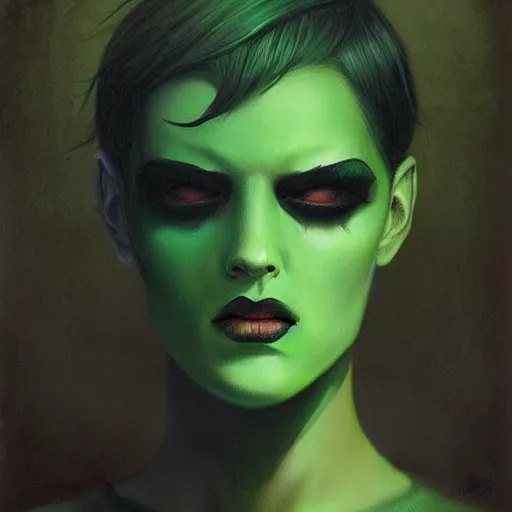 Prompt: sad man, half of face is gone, green and black, despair, paint escaping mind, by Anato Finnstark, Tom Bagshaw, Brom