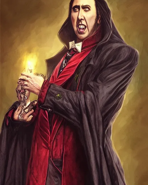 Image similar to nicolas cage as dracula, highly detailed, centered, artstation, concept art, smooth, sharp focus, illustration, bokeh art by artgerm and donato giancola and joseph christian leyendecker