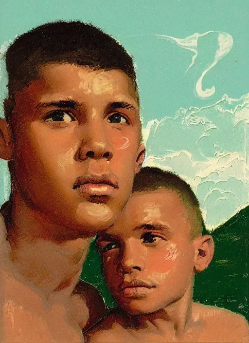 Prompt: an extreme close - up low angle portrait of a young boy and his young brother in a scenic representation of mother nature and the meaning of life by billy childish, thick visible brush strokes, shadowy landscape painting in the background by beal gifford, vintage postcard illustration, minimalist cover art by mitchell hooks