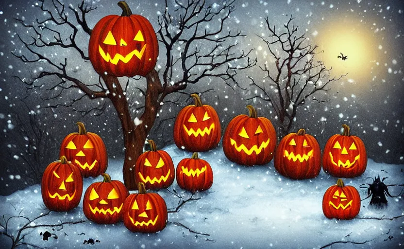 Image similar to “snowy halloween, digital art, award winning”