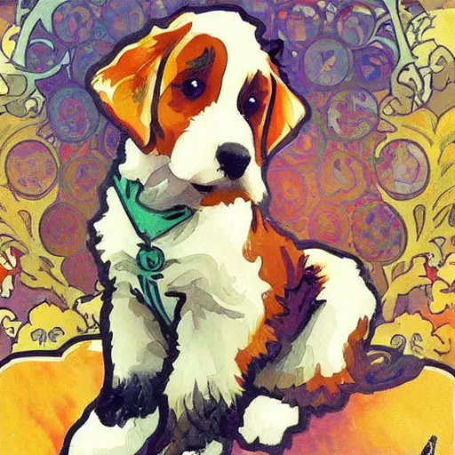 Prompt: cute, pop art style bernedoodle, watercolor painting, by alphonse mucha and william morris