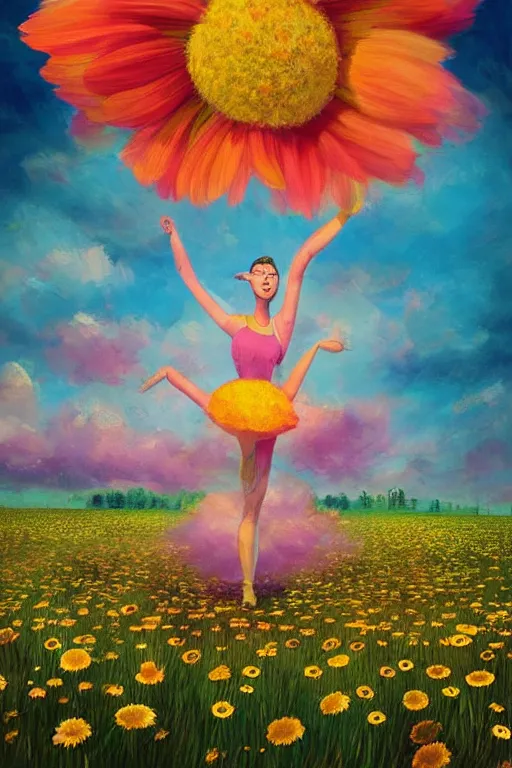 Image similar to giant daisy flower as head, girl dancing in a flower field, surreal photography, sunrise, dramatic light, impressionist painting, colorful clouds, digital painting, artstation, simon stalenhag