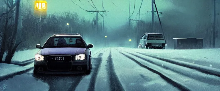 Image similar to Audi A4 B6 Avant (2002), a gritty neo-noir, dramatic bright lighting, cinematic, establishing shot, extremely high detail, photorealistic, cinematic lighting, artstation, by simon stalenhag, Snowy ukrainian road, At night, Poets of the Fall - Late Goodbye