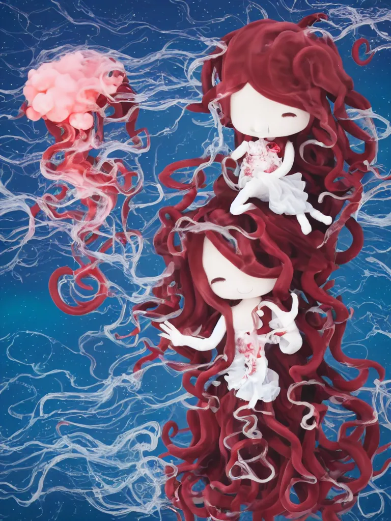 Prompt: cute fumo plush chibi gothic octopus maiden princess boy washing his hair in the waves of the wavering dark galactic abyss, long black and red ruffled intricate dress with ribbons, ocean wave thunderstorm and reflective splashing water, wisps of smoke and haze and volumetric fog, ocean simulation, vignette, vray