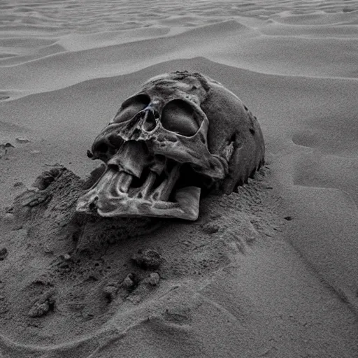 Image similar to a mysterious terrifying detailed skeleton buried in sand at the bottom of the deep ocean, dark tones, horror art, apocalyptic, volumetric light