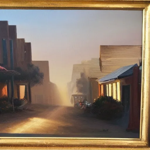 Image similar to oil painting of american landscape, western town, dusty street, sunrays, dramatic, very very very beautiful nature art, romanticism