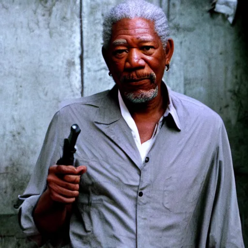 Prompt: a film still of Morgan Freeman as Hitman (2007), favela, sunset