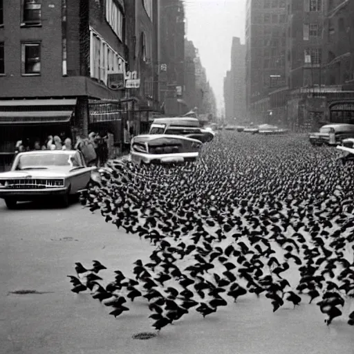 Prompt: many ducks and geese invading a street in New York in 1970, vintage cars, black and white photo