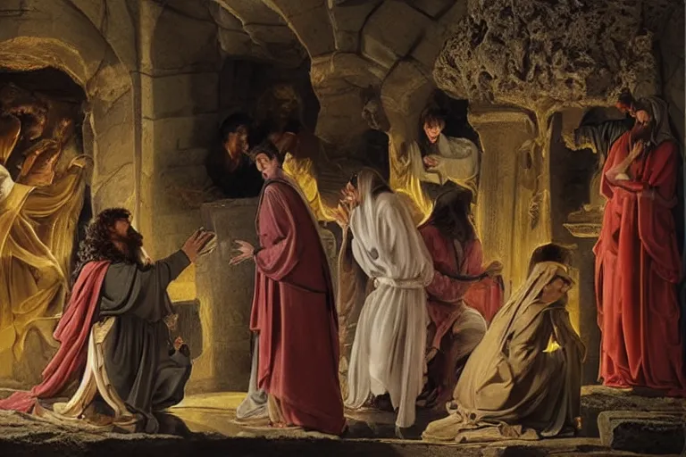 Prompt: inside the tomb of jesus, dark scene, light coming in from the left, small steps leading down, 3 marys crouching in colored robes at the tomb | medium close | fibonacci composition, by artgerm, sophie anderson, rubens