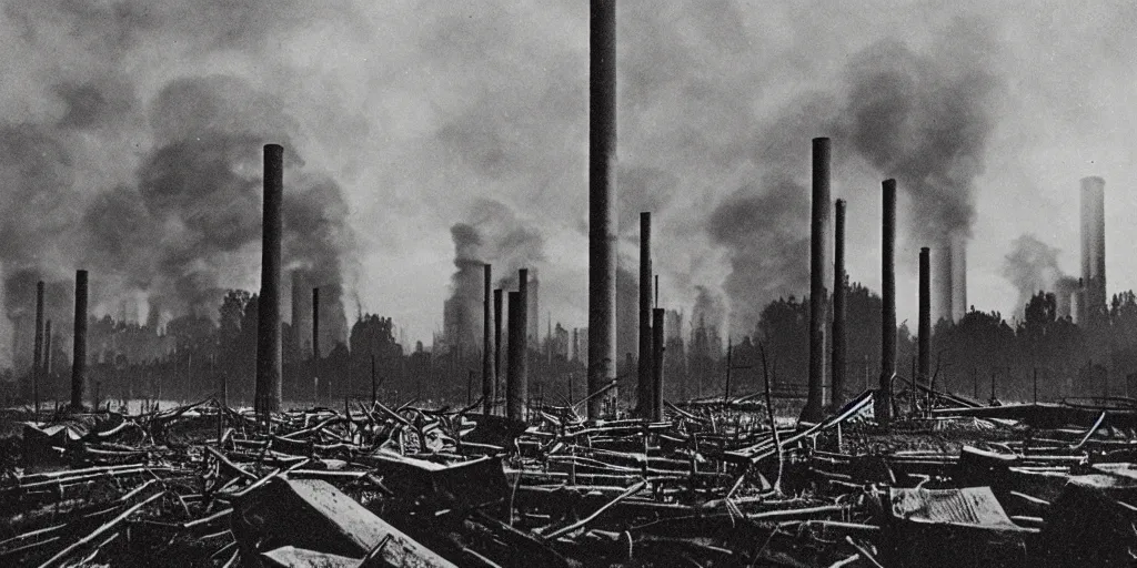 Prompt: industrial city destroying nature, 1 9 2 0 s spirit portrait photography, smoking chimneys, burning trees, cleared forest, huge industrial buildings, eerie, dark, by william hope