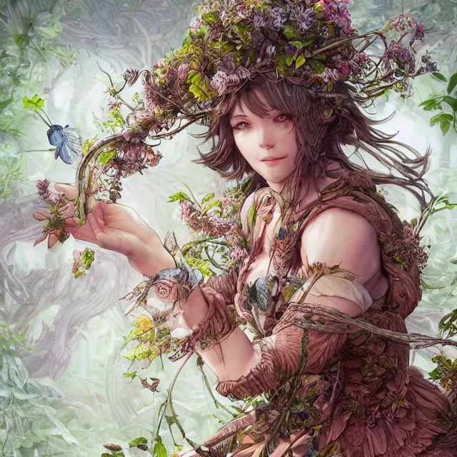 Image similar to the portrait of chaotic good female druid botanist as absurdly beautiful, gorgeous, elegant, young gravure idol, an ultrafine hyperdetailed illustration by kim jung gi, irakli nadar, intricate linework, bright colors, octopath traveler, final fantasy, unreal engine 5 highly rendered, global illumination, radiant light, detailed and intricate environment