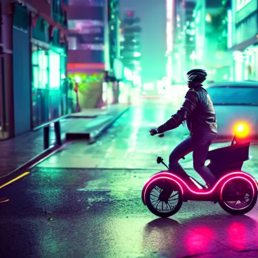 Prompt: food delivery driver riding futuristic rocket powered bike through dark rainy street with lots of neon, cyberpunk