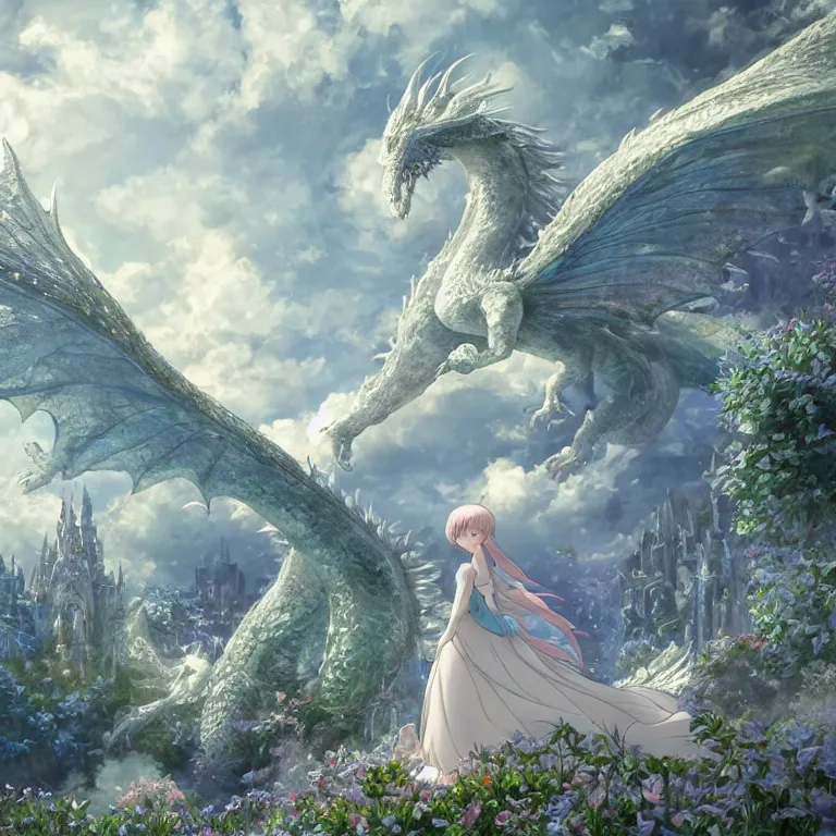 Image similar to the beautiful hyper detailed scene render that a lonely beautiful girl lies in the arms of a huge silver white dragon alone in fairyland surrounded by white clouds, finely detailed angelic face delicate, style of studio ghibli, makoto shinkai, raphael lacoste, louis comfort tiffany, artgerm, james jean, ross tran, animation style, hd, ultra wide angle