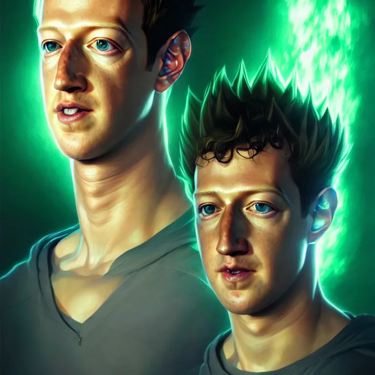 Prompt: portrait of mark zuckerberg super saiyan, green eyes, elegant, real life skin, intricate artwork, high detailed, artstation, concept art, smooth, sharp focus, art by artgerm and greg rutkowski @ ruprechy