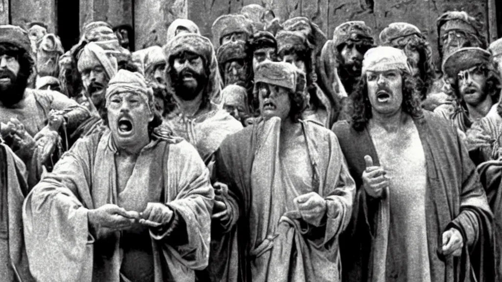 Image similar to a film still of bernie sanders as brian in monty python's life of brian ( 1 9 7 9 )